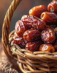 Close up of a rustic woven basket overflowing with rich dark brown sweet dried dates ready for consumption in natural daylight lighting