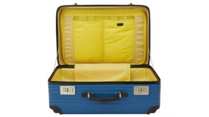 Open blue suitcase with yellow interior open suitcase isolated on a transparent background