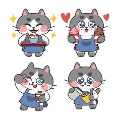 Cute Cafe Cat Serving Ice Cream Desserts and Drinks Character Illustration Set