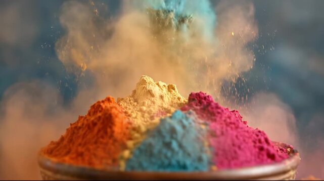 Colorful Holi powder explosion in clay bowl with dust cloud and vibrant pigments scattering
