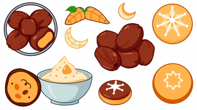Islamic holiday decorative elements with dates fruit and traditional food icons, Generative AI