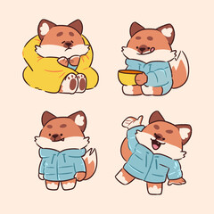 Cute Cozy Fox in Winter Outfit with Beanbag and Tea Bowl Sticker Set