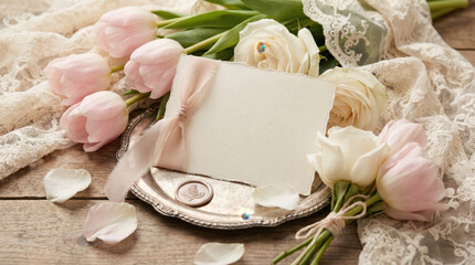 Wedding Invitation with Flowers on Silver Tray