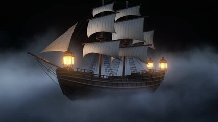 Mysterious sailing ship emerges from the fog at night. - Powered by Adobe