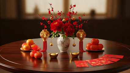 Festive Chinese New Year table decoration with oranges, tea set, and red elements symbolizing abundance and prosperity.