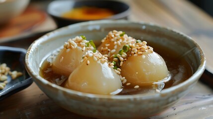 Close up of a bowl of asian dessert dumplings topped with sesame seeds and green onion garnish