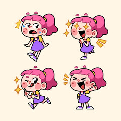 Cute Pink Hair Chibi Girl with Various Poses and Expressions Stickers Illustrations Collection
