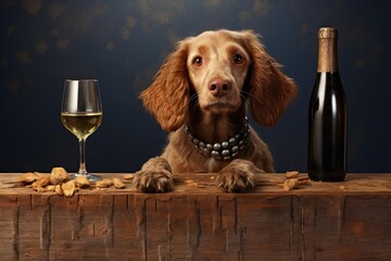 Young cocker spaniel wearing a necklace with paws on a wooden bar next to a bottle of wine