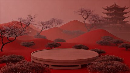 Chinese red landscape with traditional pagoda