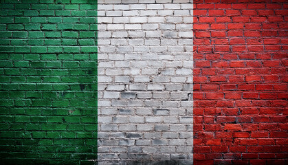 street art mural with italian flag colors painted on brick wall. italy green white red