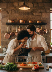 Couple cooking together in cozy kitchen, woman tasting food from pot, man hugging her. Family life, home cooking concept for recipe blog.