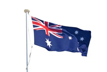 Australian national flag waving on a white flagpole against a transparent background, featuring the Union Jack and Southern Cross, symbolizing identity, sovereignty, and national pride.
