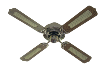 A four-blade ceiling fan with woodgrain blades and metallic motor housing, isolated on transparent background, representing home ventilation, cooling comfort, interior appliances
