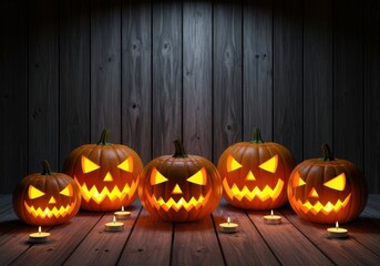 Obraz premium Five glowing jackolanterns with candles on a wooden surface create a spooky halloween atmosphere, perfect for holiday decorations and festive celebrations