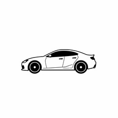 Black and white line art illustration of a modern sedan car viewed from the side, with clean lines and a minimalist design.