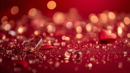 Luxury Valentine&rsquo;s Day background, glossy red surface, sparkling heart shapes, soft golden bokeh lights in background
