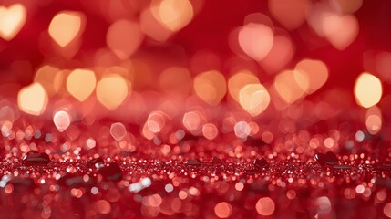 Luxury Valentine&rsquo;s Day background, glossy red surface, sparkling heart shapes, soft golden bokeh lights in background