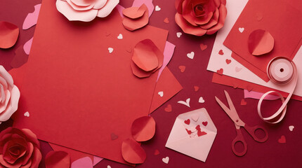 Decorative paper craft with roses, hearts, and ribbon