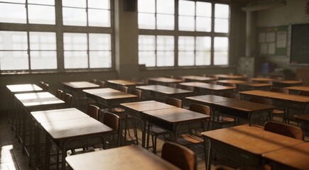  empty school classroom with desks, windows and chairs