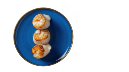 Seared scallops on blue plate food dish isolated on a transparent background