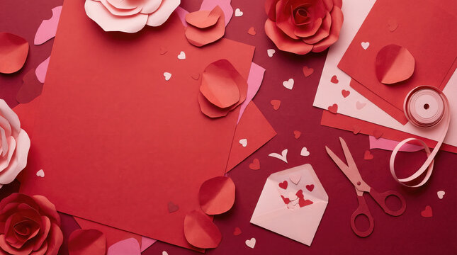 Decorative paper craft with roses, hearts, and ribbon