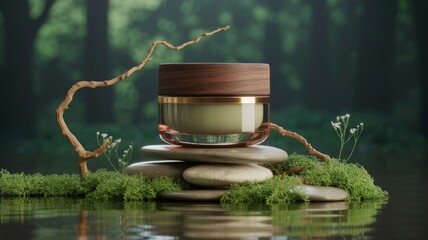 an
elegant cosmetic bottle with a rich walnut wooden cap, positioned atop a carefully arranged stack of smooth river stones