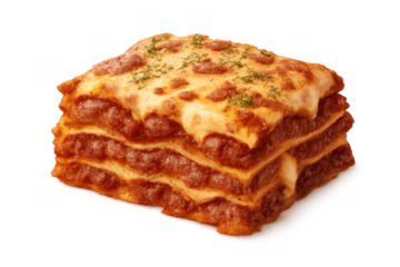 Lasagna al forno dish with melted cheese and bolognese sauce, a classic italian pasta baked meal, transparent background
