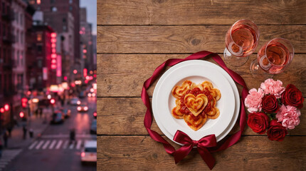 Romantic Dinner with Heart-Shaped Pancakes on a Rustic Table