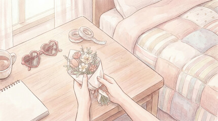 Woman holding bouquet of flowers on wooden coffee table near couch