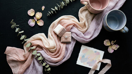 Soft pastel scarf with delicate jewelry and floral details on dark background