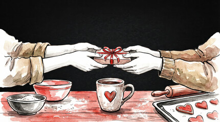 Two People Exchanging a Gift Box with Coffee Mug on Wooden Table