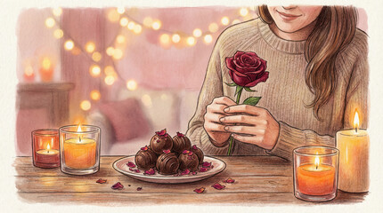 Woman holding a red rose surrounded by lit candles