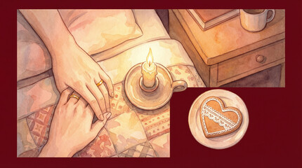 Hands holding heart-shaped pastry near lit candle on table