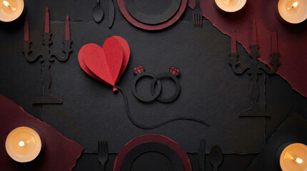 Romantic Dinner Setup with Candles, Plates, and Wedding Rings