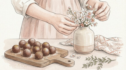 Woman arranging flowers into a vase with chocolate truffles in the background