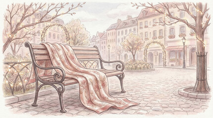 Empty park bench with draped blanket in urban plaza