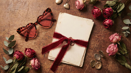 Romantic Journal with Butterfly Glasses, Roses, and Jewelry on a Wooden Surface