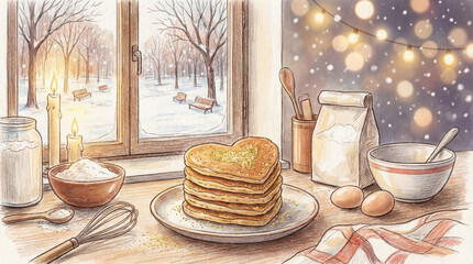 Cozy Kitchen Scene with Heart-Shaped Pancakes