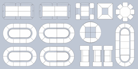 Assorted furniture arrangements displayed in a top down schematic blueprint style © Bithi