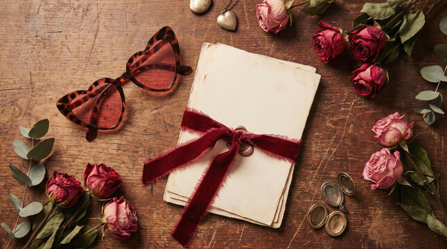 Romantic Journal with Butterfly Glasses, Roses, and Jewelry on a Wooden Surface