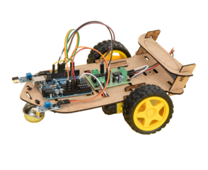 DIY Arduino robot car with wooden chassis, yellow wheels, sensors, and exposed wiring, isolated on transparent background, representing robotics education, programming, electronics