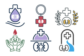 Set of six kidney health and nephrology logo icons for urology clinic hospital and organ donation awareness