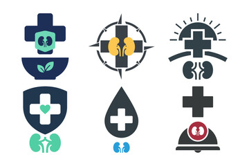 Set of six kidney health line art logo icons for organ donation awareness patient support and medical achievement