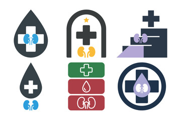 Set of six kidney health logo icons for blood donation treatment center and awareness campaigns