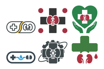 Set of six kidney health logo icons for medical reports medicine capsules and community support groups