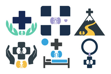 Set of six kidney care and nephrology logo icons for hospital treatment health journey and patient support