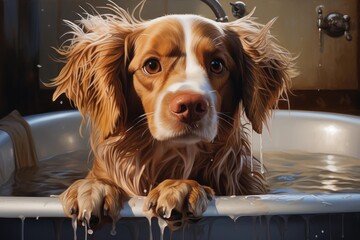 Brown and white spaniel dog bathing in a full bathtub looking directly at camera