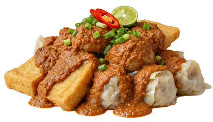 Indonesian siomay fish dumplings and fried tofu with peanut sauce garnished with lime and chili