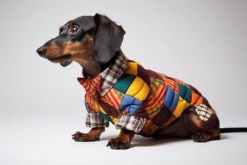 Dachshund dog wearing stylish quilted patchwork jacket and bow tie looking left