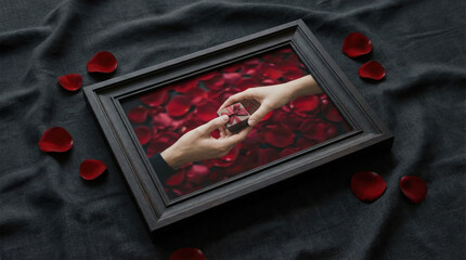 Hand holding ring over petals in frame on dark fabric